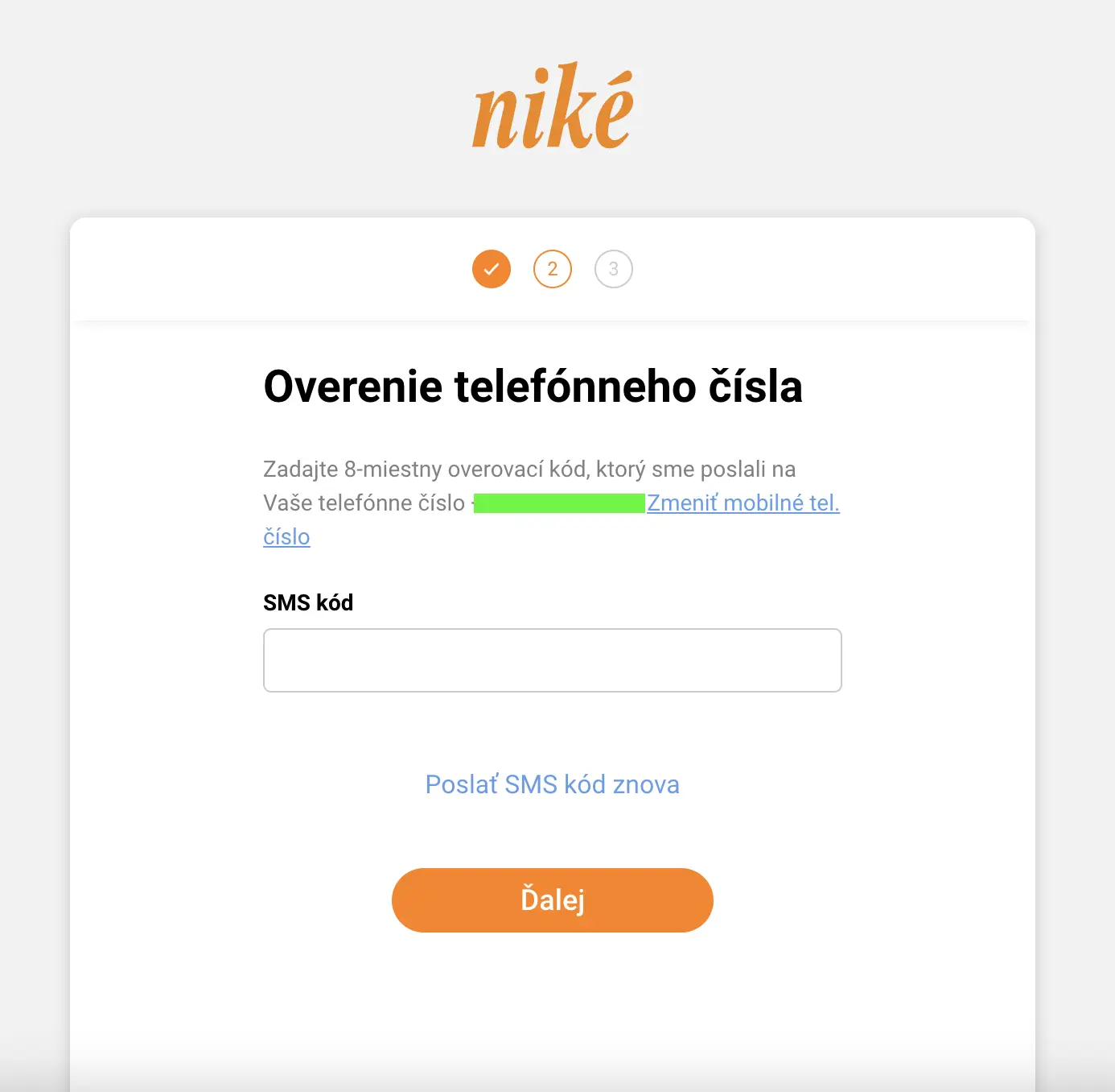 Registrácia Niké, krok 2: overenie telefónneho čísla 8-miestnym SMS kódom