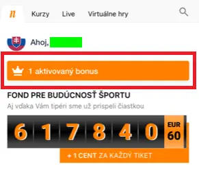 Účet Niké v mobile s upozornením „1 aktivovaný bonus“ po registrácii