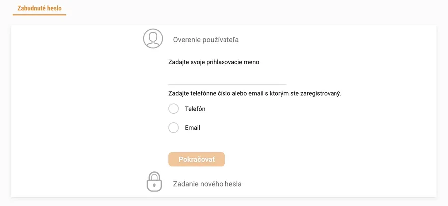 Formulár obnovy hesla v Niké: zadanie prihlasovacieho mena a výber overenia cez telefón alebo e-mail