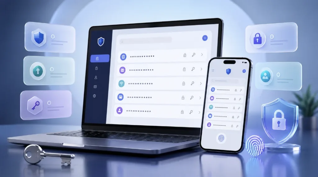 Správca hesiel na notebooku a telefóne s ikonami bezpečnosti