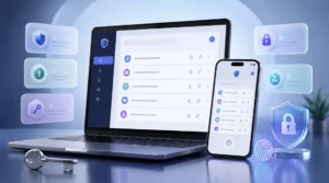 Správca hesiel na notebooku a telefóne s ikonami bezpečnosti