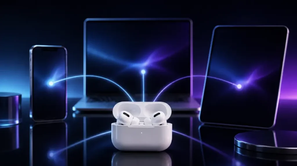 AirPods v puzdre pripojené k iPhonu, notebooku a tabletu