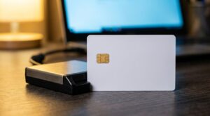 Občiansky preukaz s čipom vložený do čítačky kariet pri notebooku