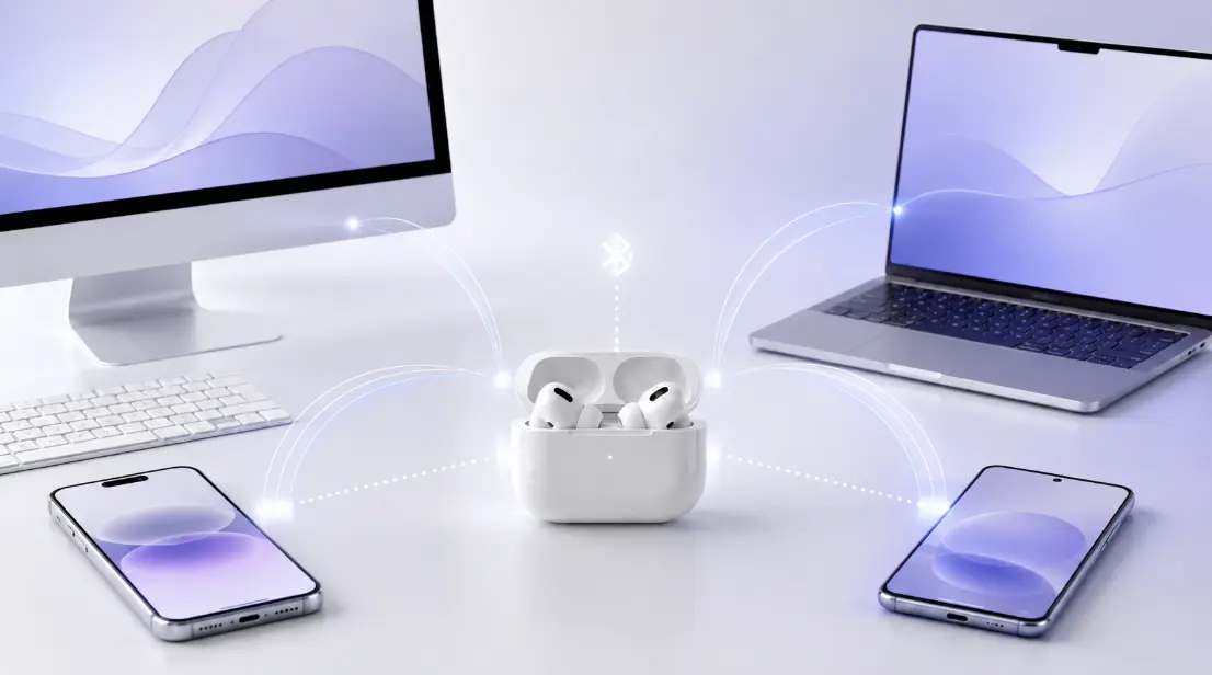 AirPods v puzdre prepojené s iMacom, notebookom a dvoma telefónmi cez Bluetooth