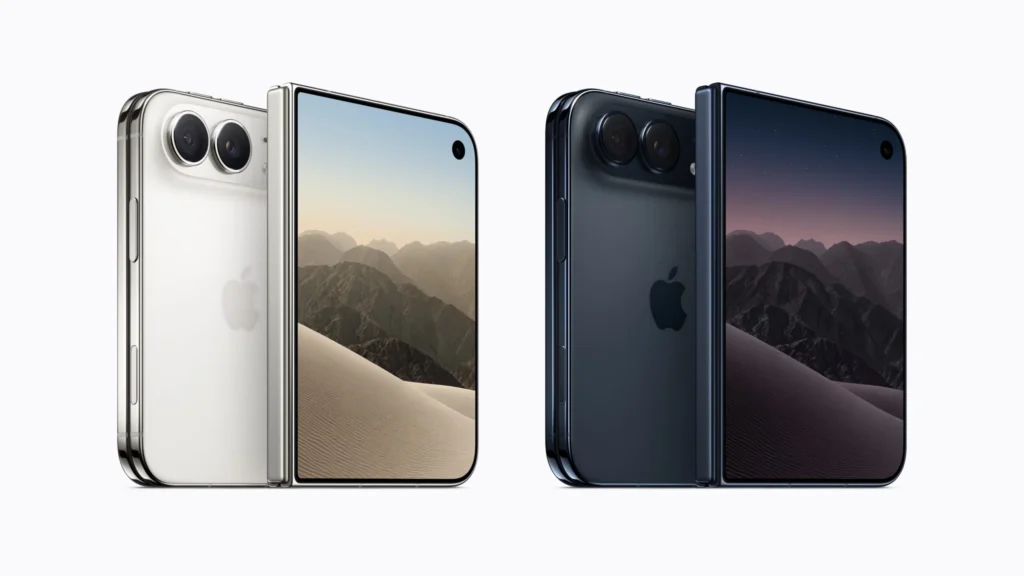 iPhone Duo v zloženom stave vo farbách star white a night sky, zobrazený spredu aj zozadu