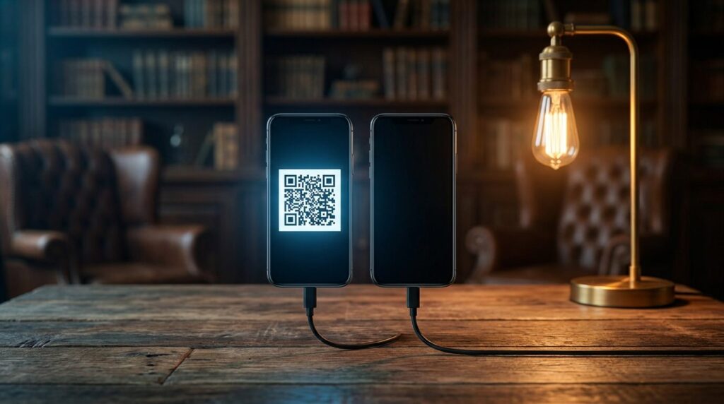 Dva smartfóny prepojené káblom na drevenom stole, na jednom svieti QR kód na spárovanie pri prenose dát