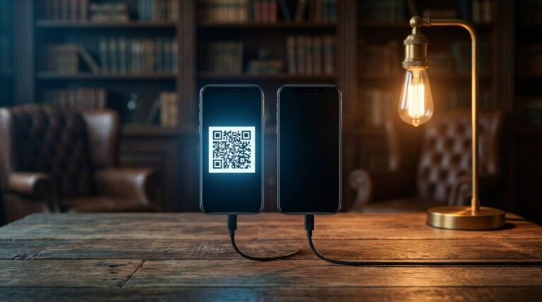 Dva smartfóny prepojené káblom na drevenom stole, na jednom svieti QR kód na spárovanie pri prenose dát