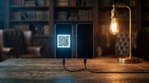 Dva smartfóny prepojené káblom na drevenom stole, na jednom svieti QR kód na spárovanie pri prenose dát