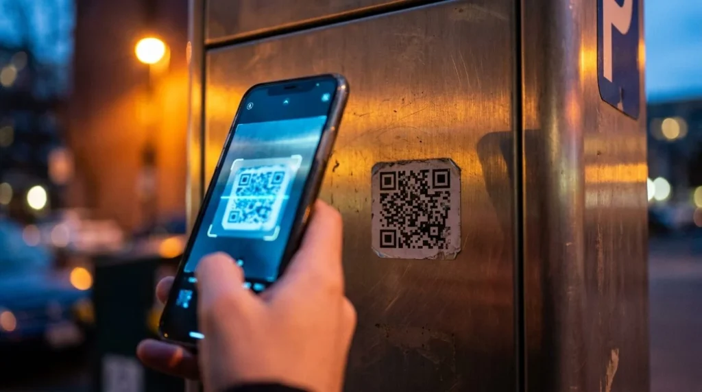 Ruka s mobilom skenuje odchlípenú nálepku s QR kódom nalepenú na kovovom parkovacom automate za súmraku