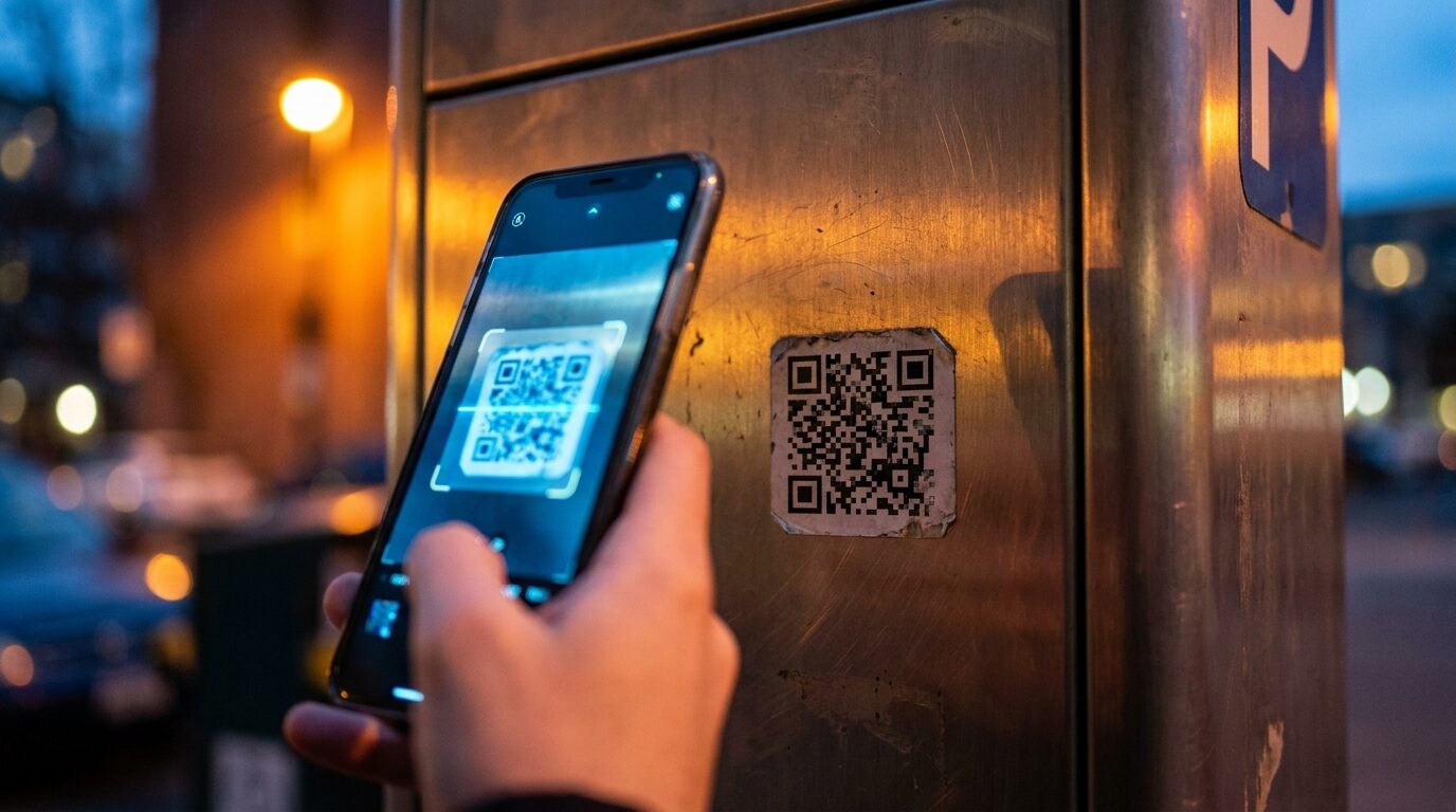 Ruka s mobilom skenuje odchlípenú nálepku s QR kódom nalepenú na kovovom parkovacom automate za súmraku