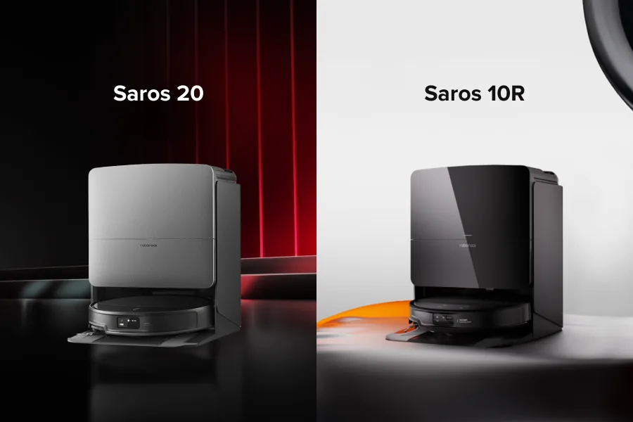 Samočistiace stanice robotických vysávačov Roborock Saros 20 a Saros 10R vedľa seba