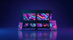 Televízor, tablet a smartfón s farebnými náhľadmi videí v tmavom štúdiu s modrým a fialovým svetlom