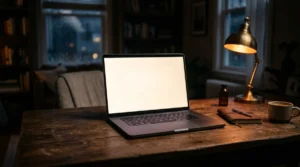 Notebook so svietiacim displejom na drevenom stole v tmavej izbe pri lampe