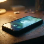 Smartfón na drevenom stole s prichádzajúcim hovorom z neznámeho čísla, v pozadí stolová lampa