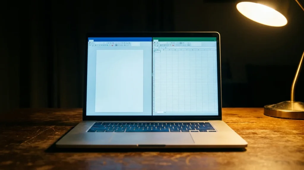 Notebook na drevenom stole s otvoreným textovým dokumentom a tabuľkou pri svetle stolnej lampy