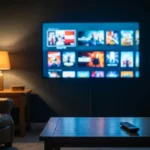 Smart televízor s ponukou staníc a videotéky v tmavej obývačke, diaľkový ovládač na stolíku
