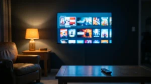 Smart televízor s ponukou staníc a videotéky v tmavej obývačke, diaľkový ovládač na stolíku